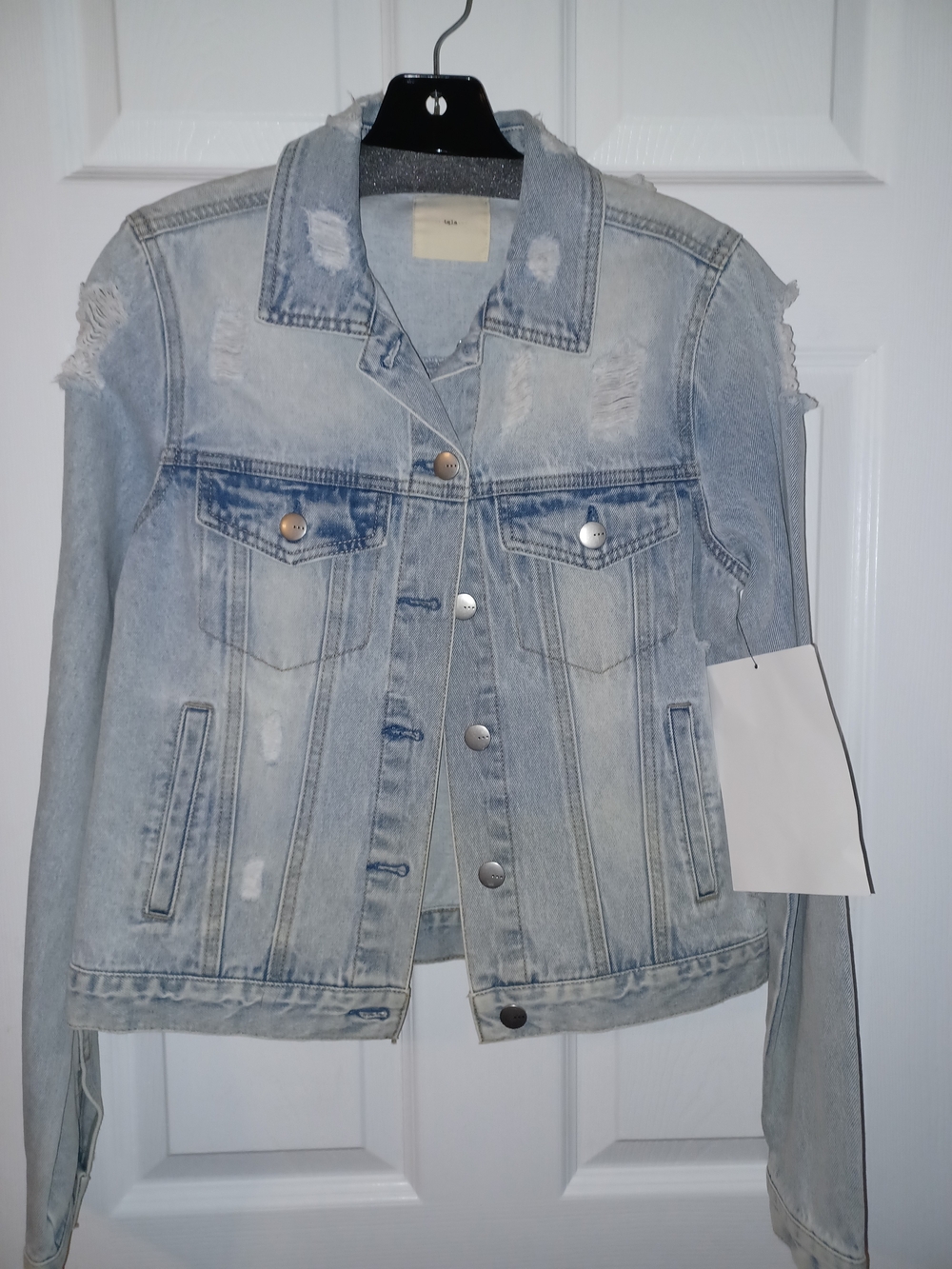 Francesca's Tgla Light Wash Distressed Denim Jacket
